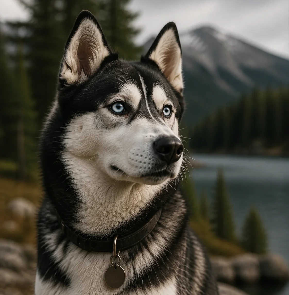 Runi, a black-and-white Siberian husky by a mountain lake